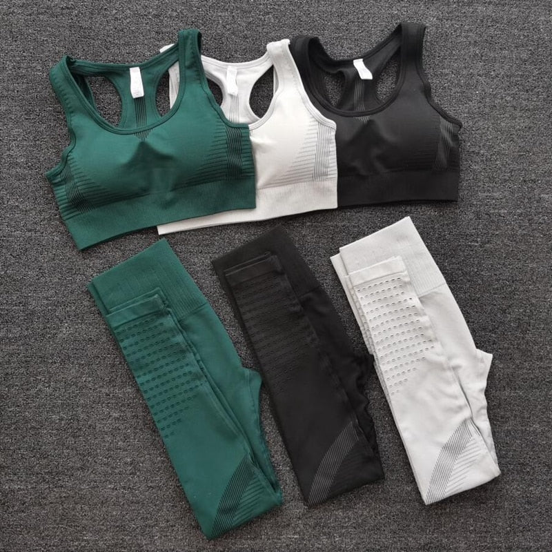 2PCS Sports Suits Women Seamless Yoga Sets Fitness Gym clothing Pants High Waist Straps Sport Leggings High Elasticity Bra Pants