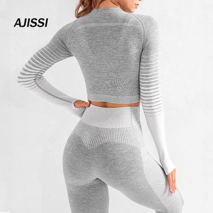 Seamless Women Yoga Set Long Sleeve Top High Waist