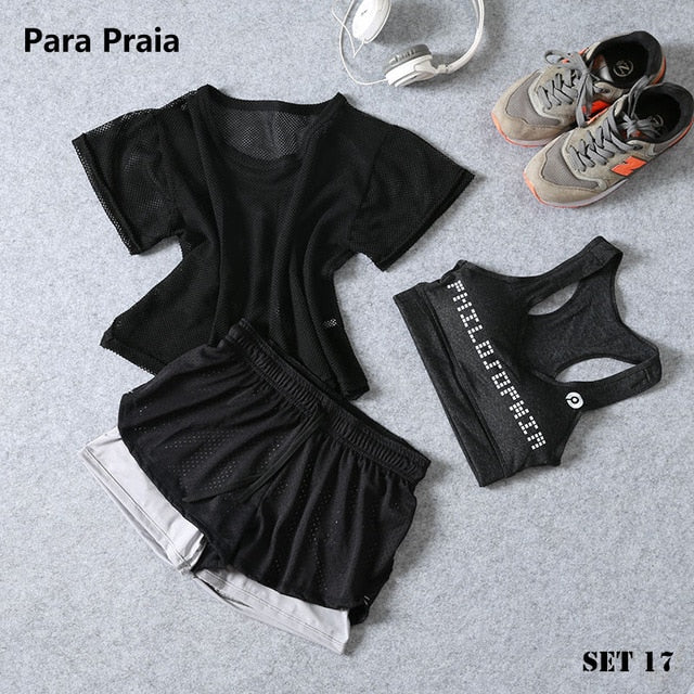 Sport Wear Three Piece Yoga Set Sport Shirt for Women Sports bra Fitness Flare Pants Leggings Tracksuit Gym Leggings 15 Colours