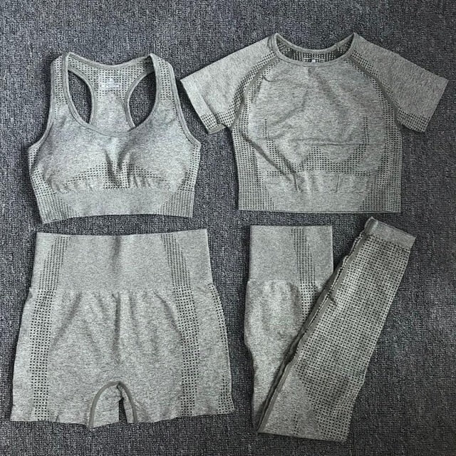 4 Pcs/Set Yoga Set Seamless Leggings+Short Sleeve Crop Top+Sports Bra+Sport Shorts Sports Wear Women Gym Clothing Sports Suit