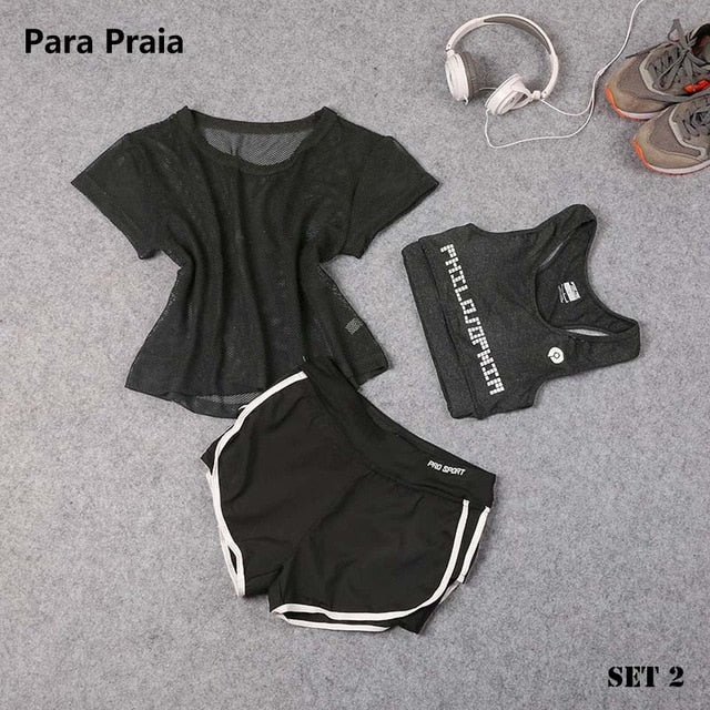 Sport Wear Three Piece Yoga Set Sport Shirt for Women Sports bra Fitness Flare Pants Leggings Tracksuit Gym Leggings 15 Colours