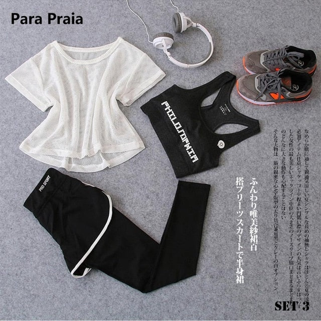 Sport Wear Three Piece Yoga Set Sport Shirt for Women Sports bra Fitness Flare Pants Leggings Tracksuit Gym Leggings 15 Colours