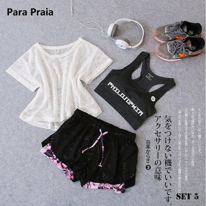 Sport Wear Three Piece Yoga Set Sport Shirt for Women Sports bra Fitness Flare Pants Leggings Tracksuit Gym Leggings 15 Colours