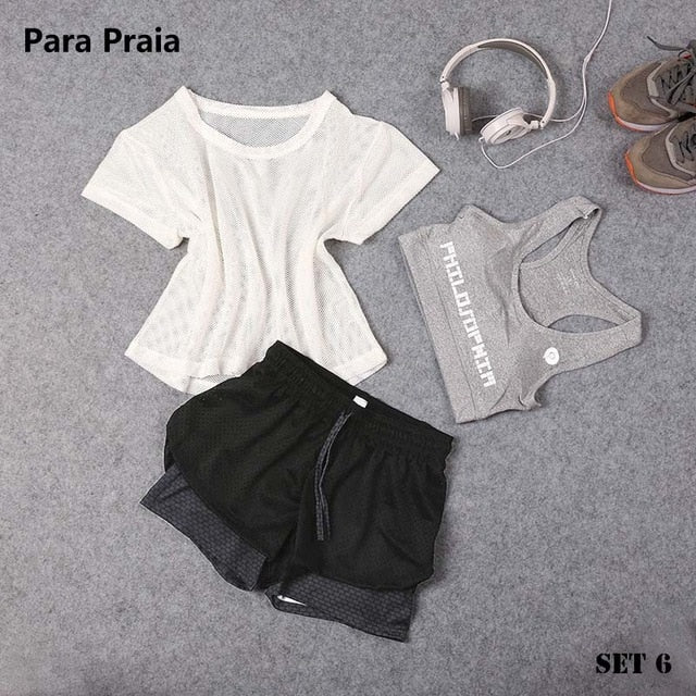 Sport Wear Three Piece Yoga Set Sport Shirt for Women Sports bra Fitness Flare Pants Leggings Tracksuit Gym Leggings 15 Colours