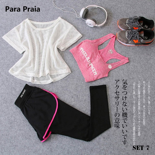 Sport Wear Three Piece Yoga Set Sport Shirt for Women Sports bra Fitness Flare Pants Leggings Tracksuit Gym Leggings 15 Colours