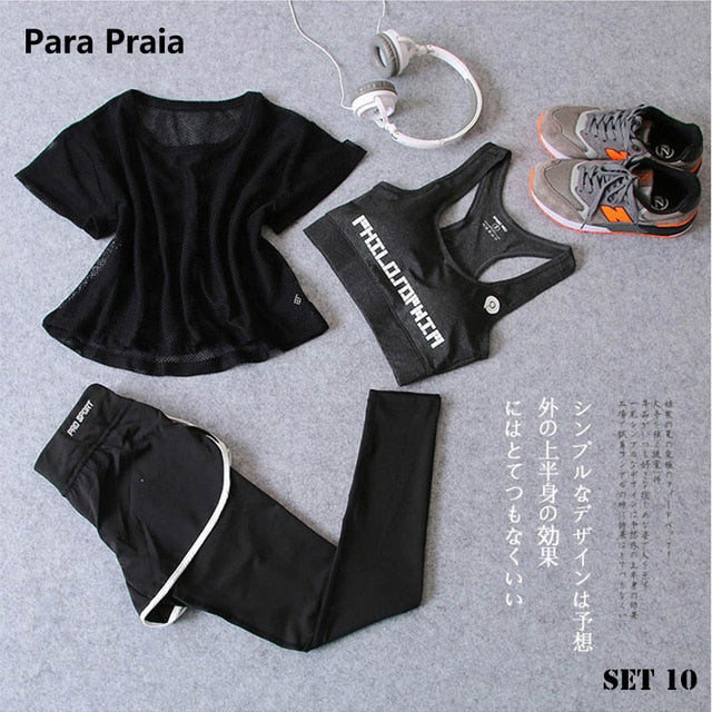 Sport Wear Three Piece Yoga Set Sport Shirt for Women Sports bra Fitness Flare Pants Leggings Tracksuit Gym Leggings 15 Colours