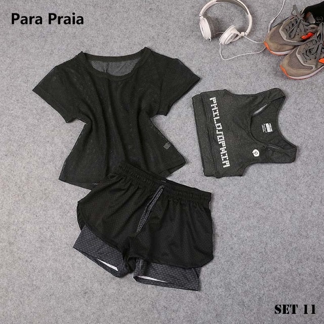 Sport Wear Three Piece Yoga Set Sport Shirt for Women Sports bra Fitness Flare Pants Leggings Tracksuit Gym Leggings 15 Colours