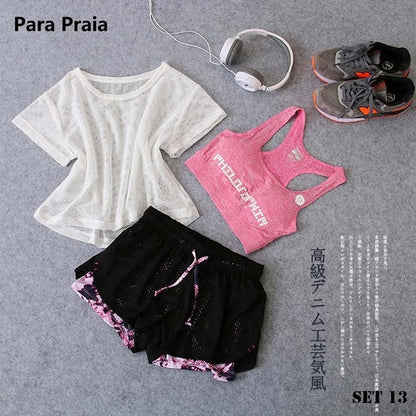 Sport Wear Three Piece Yoga Set Sport Shirt for Women Sports bra Fitness Flare Pants Leggings Tracksuit Gym Leggings 15 Colours